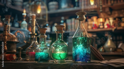 mysterious potion bottles in alchemists laboratory fantasy magic concept 3d rendering