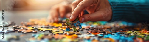 Satisfying moment of completing a challenging jigsaw puzzle, last piece being placed photo
