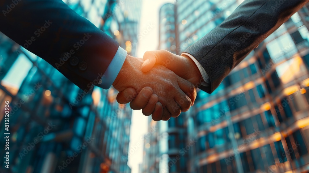 Two business people shaking hands in front of buildings. Two business people shaking hands in front of buildings.