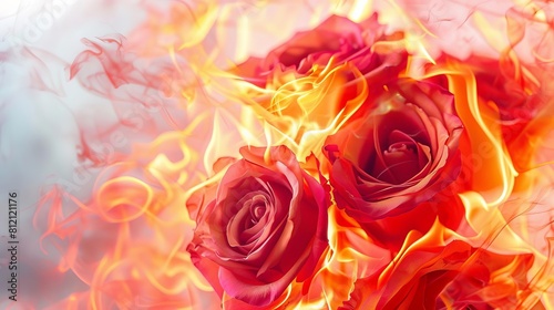 fiery red rose bouquet engulfed in vivid flames striking contrast isolated on white conceptual photo