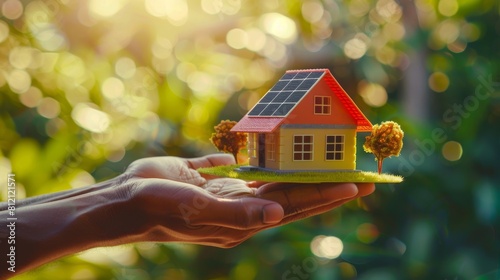 Hand holding a solar-powered house. photo