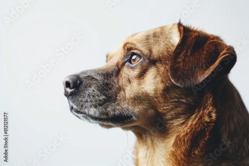 A brown dog looking up at the sky.