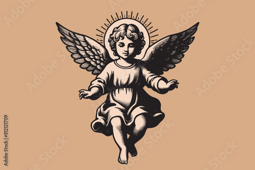 Cute little flying angel. Vintage old engraving illustration, emblem, logo. Vector picture