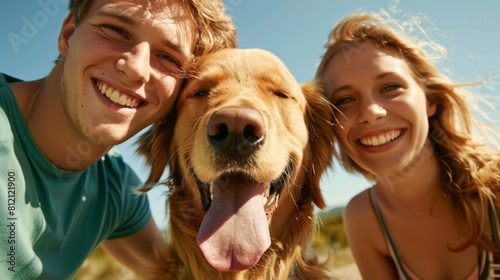 Friends Smiling with Golden Retriever photo