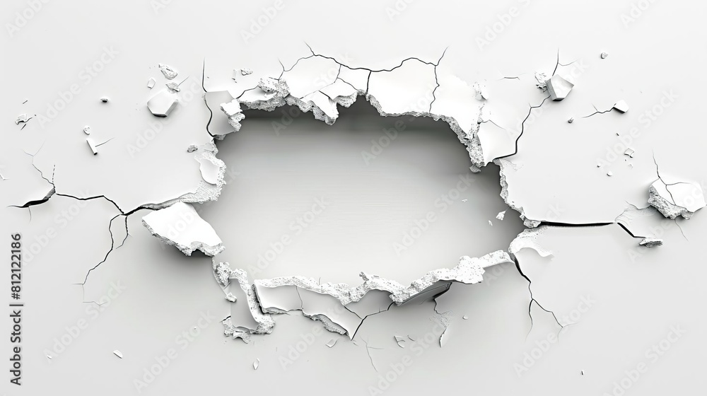 gaping hole breaking through solid white wall isolated cut out on white background damage and destruction concept