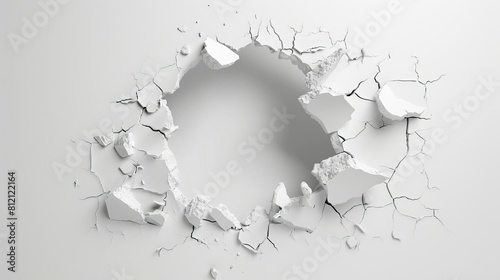 gaping hole breaking through solid white wall isolated cut out on white background damage and destruction concept photo