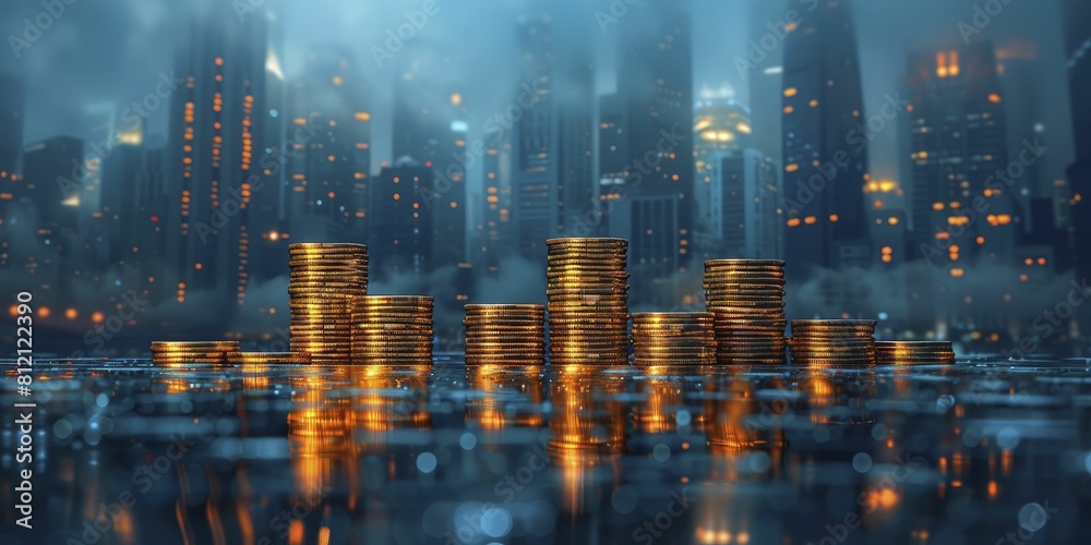 Fototapeta premium A financial metropolis emerges, where coins tower like skyscrapers in a cool blue haze, embodying the essence of investment.