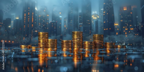 A financial metropolis emerges, where coins tower like skyscrapers in a cool blue haze, embodying the essence of investment.
