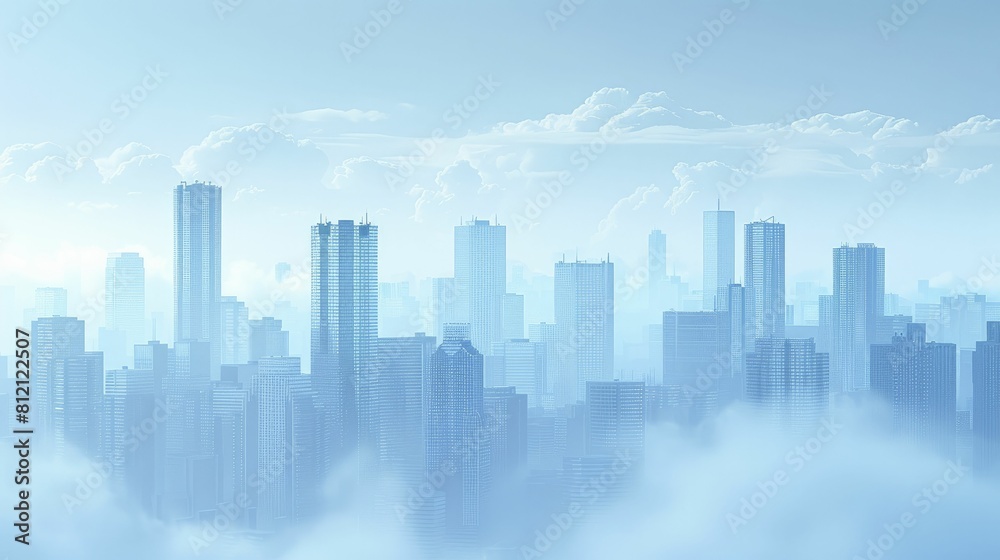 Economic Elevation, Coin skyscrapers ascend into a misty urban skyline, depicting wealth creation.