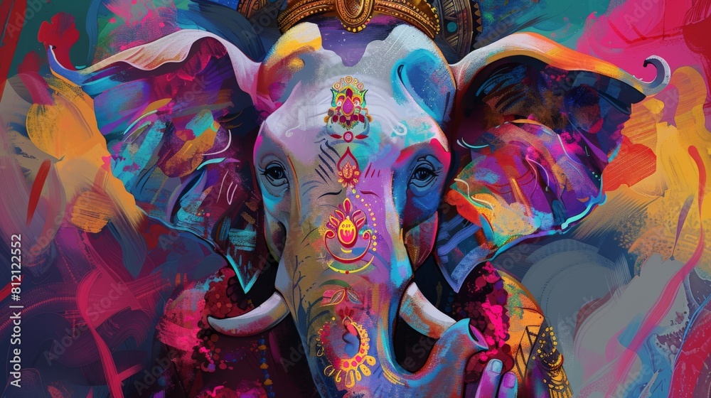 Artistic rendition of Ganesha painted in bold colors, captured in a modern art style