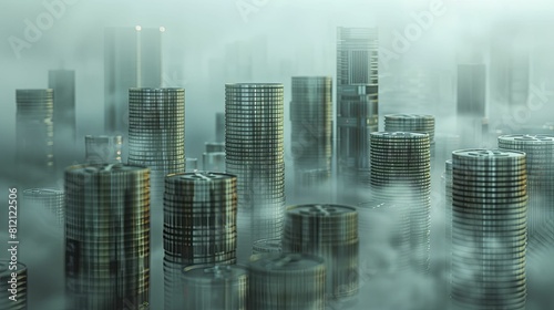 Economic Dreams in Fog  Towering stacks of coins merge into a misty cityscape.