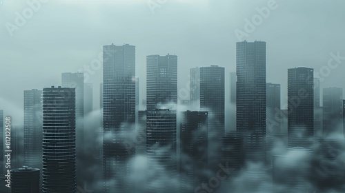 Economic Growth Metaphor  Stacks of coins forming urban skyscrapers against a foggy backdrop.