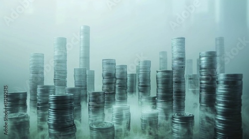 The skyline emerged, coins stacked high, symbolizing economic ascent amid the misty veil of progress.