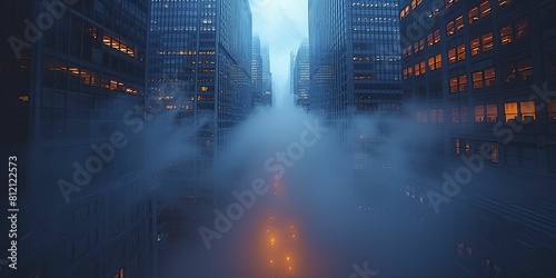 Finance Fog, Coin skyscrapers pierce through urban mist, symbolizing elusive markets. photo