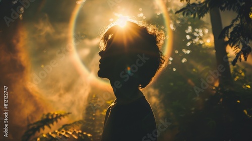 Artistic interpretation of a person in nature, with the sunlight creating a halo effect that mimics an aura