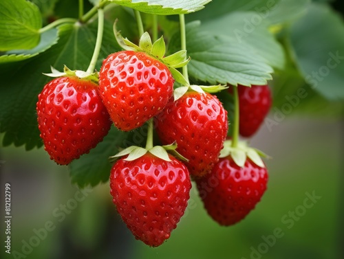 A close up of several red strawberries on a branch.