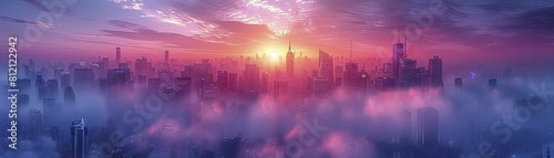 In the surreal cityscape  digital currency constructs soar amidst a foggy urban mirage of towering buildings.