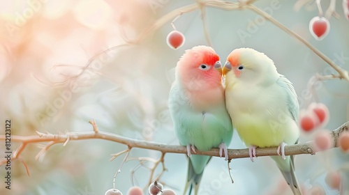 inseparable lovebirds pair of adorable pastel colored birds perched together dreamy blurred nature background cute couple portrait photo