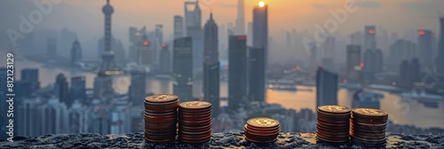 Amidst a misty skyline, stacked coins mirror urban expansion, juxtaposed with towering skyscrapers in a cityscape shrouded in fog. photo