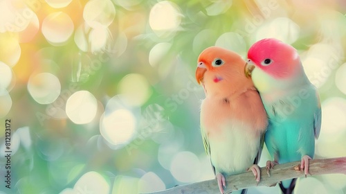 inseparable lovebirds pair of adorable pastel colored birds perched together dreamy blurred nature background cute couple portrait