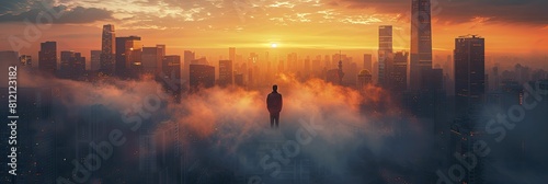 Surreal Skyline of Wealth, Coin structures mimic skyscrapers, set in a dreamlike urban mist. photo