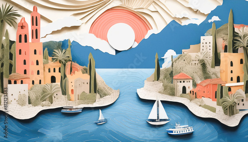 Artistic collage made of cut-outs and layers of paper. Panoramic of a village and an island  boats in the sea and big sun in the sky . Concept of travel destinations.