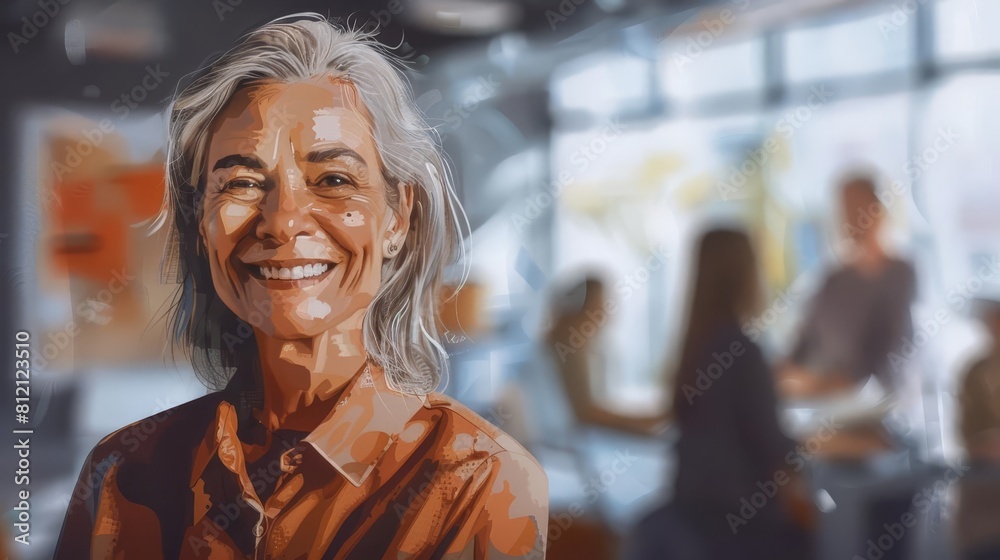 joyful mature woman smiling with blurred colleagues in background professional workplace digital painting