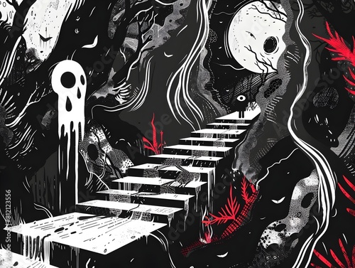 Surreal Dark Fantasy Staircase in Moody Geometric Abstract Landscape with Unsettling Atmosphere and Graphic Novel Inspired Illustrative Style