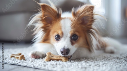 A Papillon chewing on a small raw bone  highlighting the scale of the diet appropriate for smaller breeds  against a soft gray background