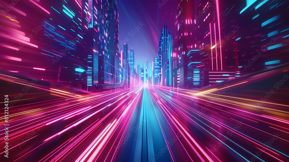 Neon lit cityscape zooming into hyperdrive Neon lit cityscape zooming into hyperdrive