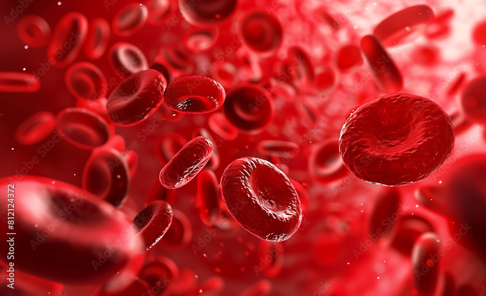 Fototapeta premium Macro view of blood cells moving through vascular system with dynamic motion blur.