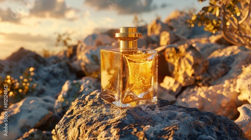 luxurious gold perfume bottle mockup with chrome accents and marbled glass on rock display at golden hour 3d render