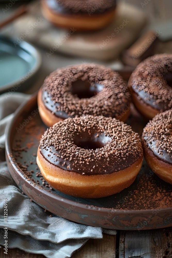 Delightful donuts, irresistible choices for snacking or dessert, best culinary garnished with sweet powdered sugar, chocolate, biscuit crumbs, and cream. Delightful donuts, irresistible choices for snacking or dessert, best culinary garnished with sweet powdered sugar, chocolate, biscuit crumbs, and cream.