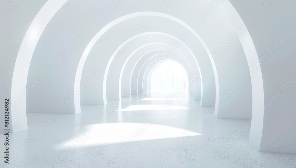A futuristic white corridor with sleek arches bathed in bright, natural light. Created with Generative AI