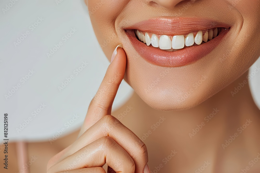 Obraz premium Woman pointing to healthy gums to demonstrate effective dental hygiene practices