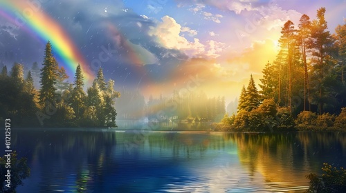majestic rainbow arching over tranquil forest lake breathtaking nature landscape digital painting