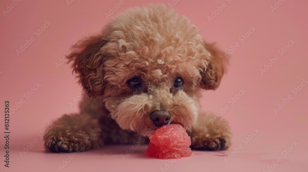 A poodle delicately picking at a piece of raw fish, isolated against a solid color background to highlight the simplicity A poodle delicately picking at a piece of raw fish, isolated against a solid color background to highlight the simplicity
