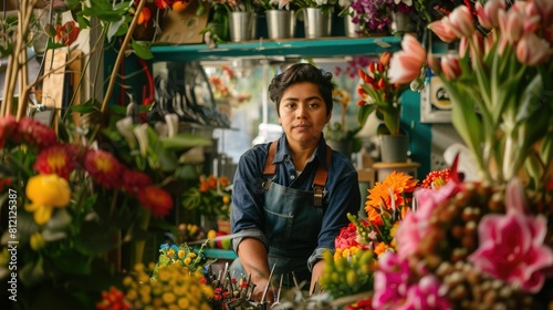 The picture of the florist working inside the workshop about the flower  the florist need to has the knowledge of the flower  flower trends  preservation  flower design skill and creativity. AIG43.