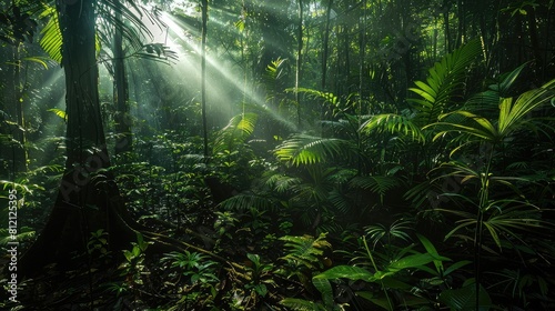 Dark rainforest, sun rays through the trees, rich jungle greenery