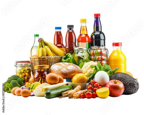 Composition with variety of grocery products  organic  fresh fruits beverages vegetable products on white background