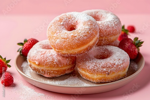 Delightful donuts, irresistible choices for snacking or dessert, best culinary garnished with sweet powdered sugar, chocolate, biscuit crumbs, and cream.