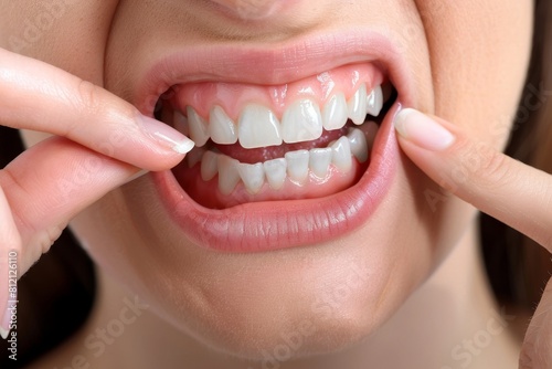 The woman actively points with her fingers, showing healthy gums and teeth. The grin