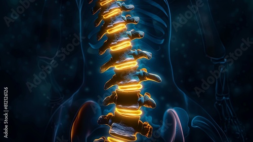 Digital composite of Highlighted spine of woman with neck pain ,degenerative spinal disease problem.herniated spinal disc,Office Syndrome
 photo