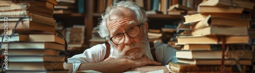 Absentminded professor searching for lost glasses, surrounded by stacks of books and papers photo
