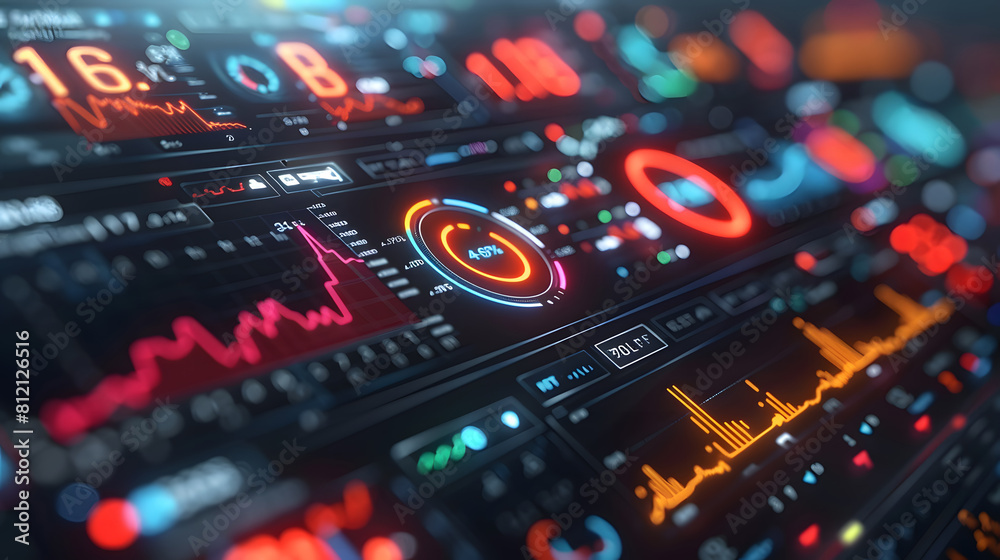 Detailed view of an advanced control panel featuring various data displays in vibrant red and blue colors, showcasing technological sophistication Detailed view of an advanced control panel featuring various data displays in vibrant red and blue colors, showcasing technological sophistication