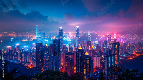 Stunning night view of a bustling city skyline illuminated by neon lights, overlooking a busy harbor under a starry sky