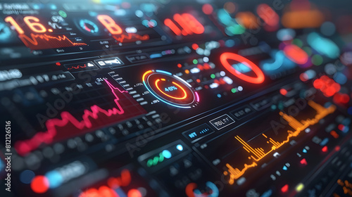 Detailed view of an advanced control panel featuring various data displays in vibrant red and blue colors, showcasing technological sophistication © KaiTong
