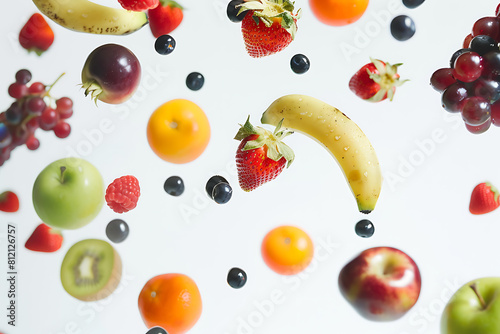 Colorful fruits suspended mid-air against a pristine white background  creating a dynamic and vibrant composition