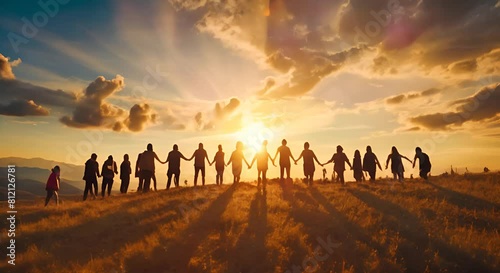 groupe de personnes se donnant la main formant une chaine de solidarité face au soleil à contre-jour photo