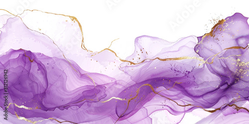 mauve liquid purple watercolor with golden glitter lines isolated on white or transparent png